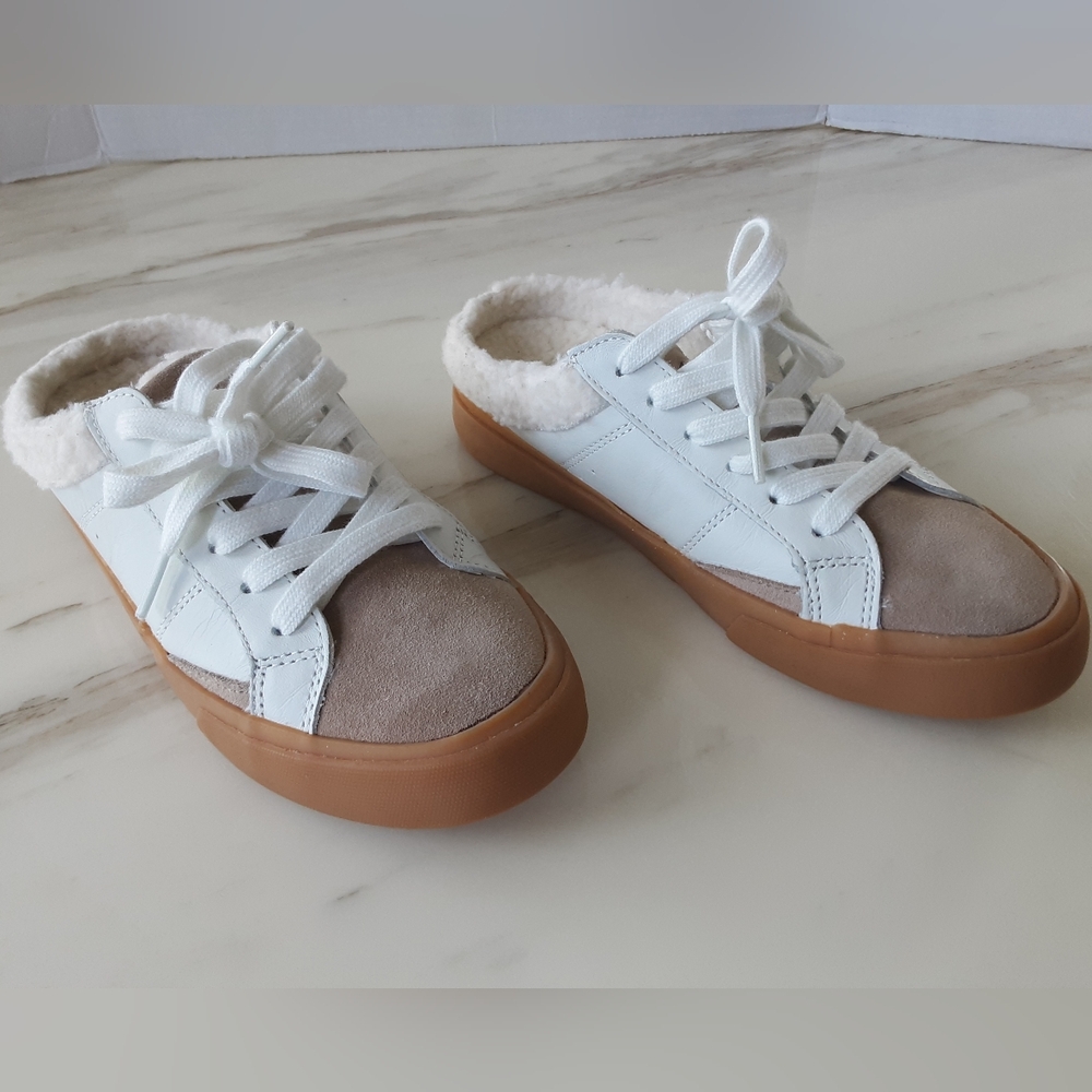 MARC FISHER LTD Miranda Ivory|Tan Leather Faux Fur Mule Sneakers Sz 5.5